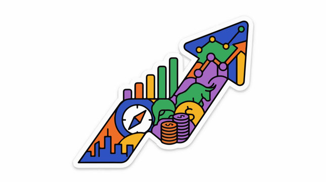 Colorful arrow graphic with financial and urban elements