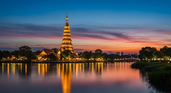 Historic Temple Tower Sunset Reflection in Water Scenic Landscape