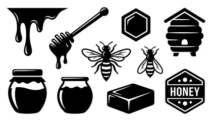 Bee Honey Icons Set with Hive, Hexagon Badges, Wax Jar, Honeycomb Block, and Dripping Syrup Design Elements © Afjal12