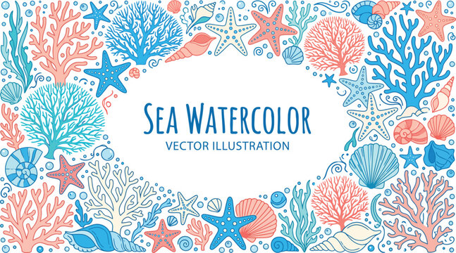 Sea watercolor seamless pattern with coral seashell starfish ocean marine background vector illustration