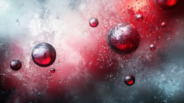 Abstract macro view of glowing red liquid bubbles with detailed textures and soft light