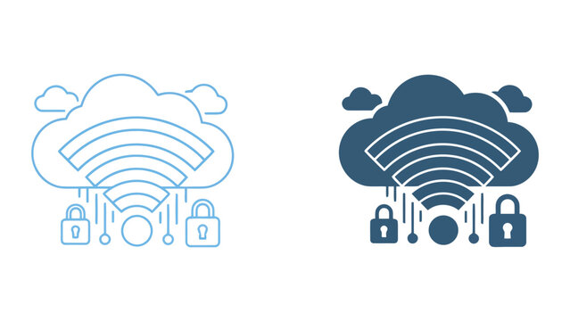 Cloud computing wireless network icon featuring secure padlock and digital circuit lines representing protected cloud storage and cybersecurity in professional vector illustration style