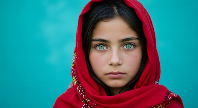 Young Girl with Bright Green Eyes Wearing Red Headscarf Against Blue Background