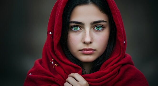 Young Woman with Bright Green Eyes Wearing Red Hooded Shawl Close Up Portrait
