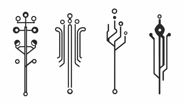 Four abstract black and white graphic elements, resembling circuit boards or stylized plant forms