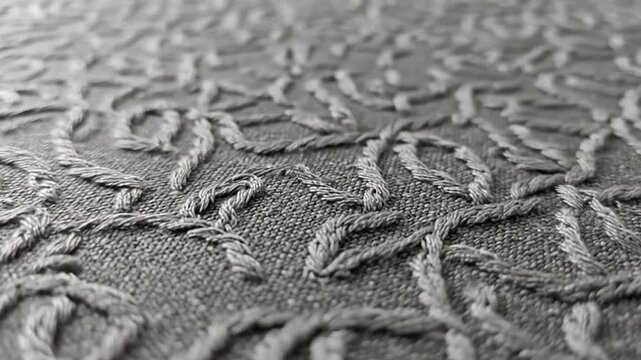Close-up of intricate gray embroidered fabric texture with swirling patterns moving subtly