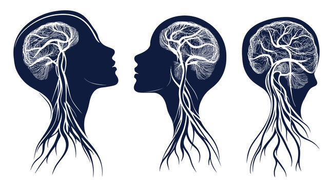Three silhouette portraits, internalizing the brain's form, and extending roots-like structures