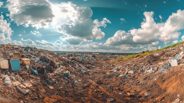 Expansive Landfill Site Filled With Discarded Furniture and Appliances Under a Cloudy Sky, Showcasing Industrial Waste Accumulation