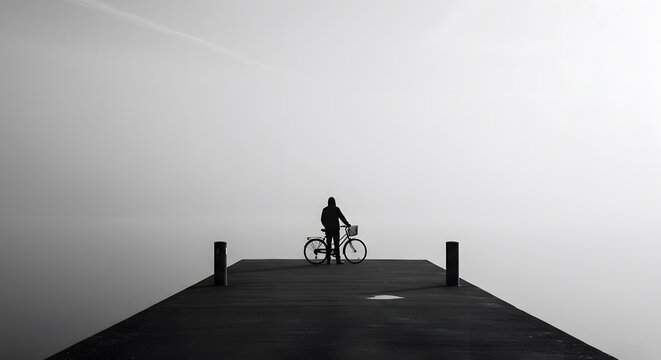Silhouette of Person with Bicycle Standing on Pier in Foggy Landscape