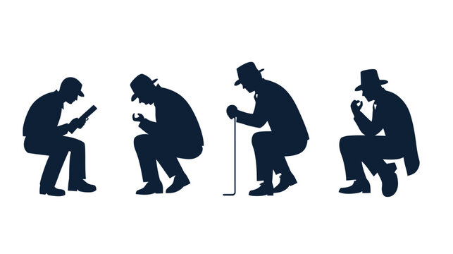 Silhouettes of four men in hats, each in a different pose, varying from seated to squatting