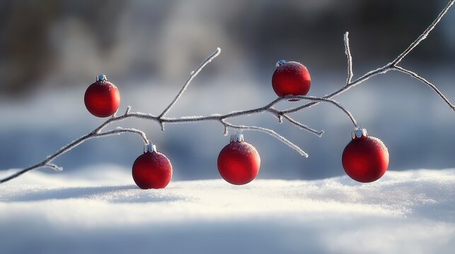 Festive red Christmas ornaments adorned with frost hang from a snowy branch in a serene winter wonderland setting, evoking holiday cheer and peaceful celebration.
