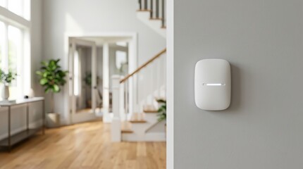Fototapeta premium Wireless home alarm system detector mounted on a wall near the entry to protect the door and interior.