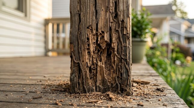 Severe wood decay and termite damage on a residential porch post.