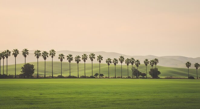 Green Golf Course Landscape with Palm Trees and Gentle Hills Under Soft Sky