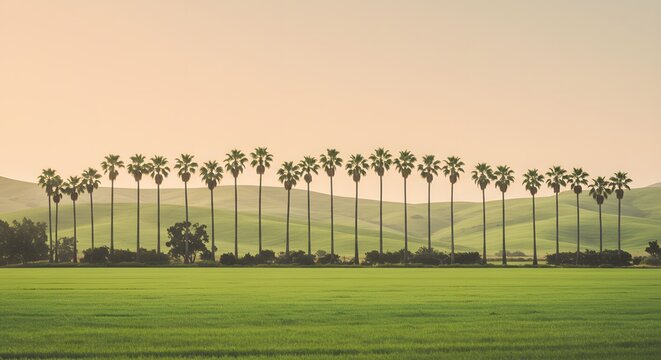Scenic Palm Tree Line Over Rolling Green Hills at Sunset