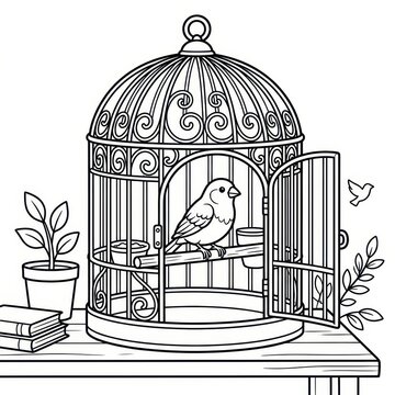 Bird in an open cage coloring page