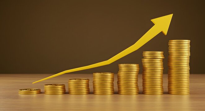 Financial Growth Concept with Stacked Gold Coins and Upward Arrow