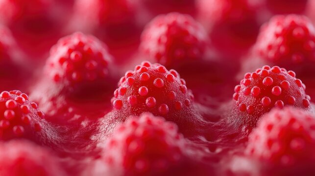 Extreme Close-Up of Vibrant Red Raspberry Drupelets with Intricate Textures, Showcasing Nature's Sweet Delights