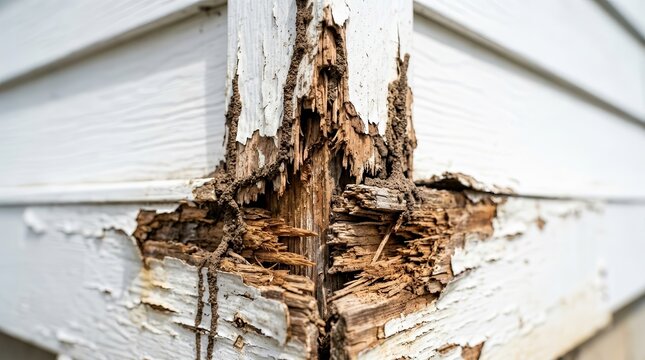 Rotten wooden baseboard with termite damage and mud tubes at the exterior siding corner.