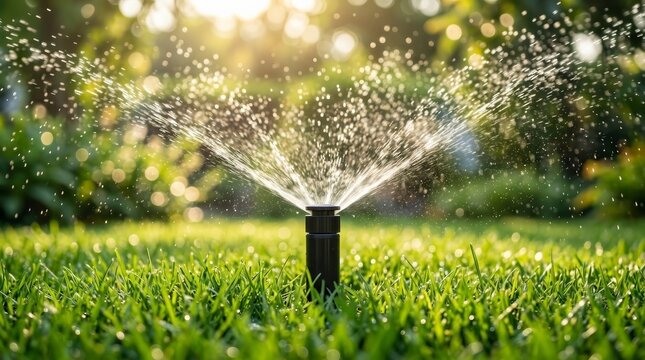 Automatic sprinkler system spraying water droplets onto a fresh green lawn.