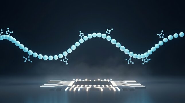 A stylized single-strand mRNA helix floating above an illuminated lab chip for synthetic vaccine platform technology.