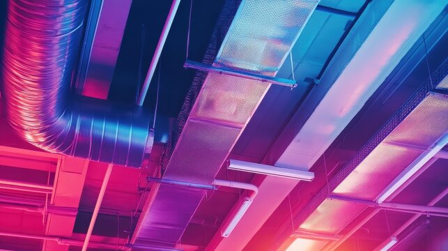 Industrial Ventilation Ductwork and Lighting System with Vibrant Colors