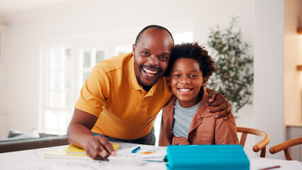 Obraz premium Father, portrait and student son in home for education, homework help or learning together. Hug, notebook and school assignment with family at kitchen counter in apartment for development or support