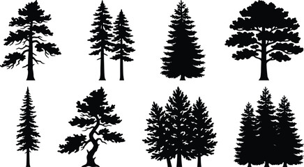 Obraz premium Black Silhouette Vector Set of Diverse Tree Shapes for Botanical and Design Projects