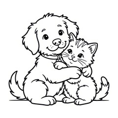 Fototapeta premium Cute puppy and kitten hugging on white background