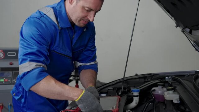 Mechanic Connecting Jumper Cable To Electric Car Battery In Garage