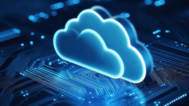 Luminous cloud computing symbols overlaying intricate blue digital circuit board for secure data sharing protocols