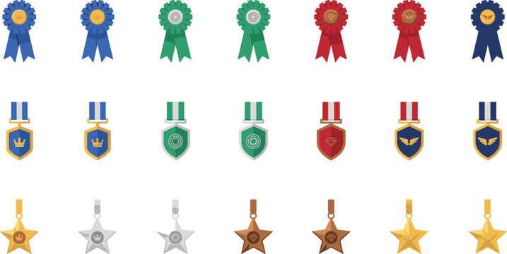 Award medal and prize rosette ribbon badges flat vector icons set for competition winner achievement isolated on white background