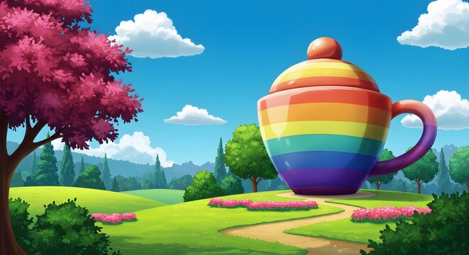 Colorful Rainbow Mug in Vibrant Fantasy Garden Scene