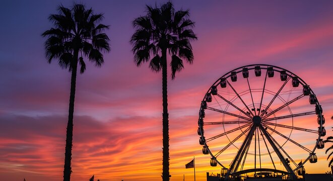 Silhouette Palm Trees and Ferris Wheel at Sunset with Vibrant Sky