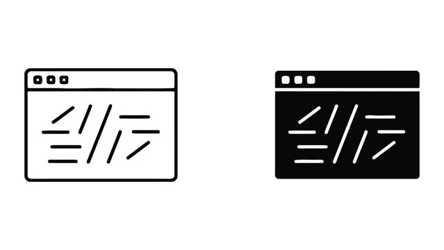 Website code development and programming window icon with script snippets for web design and software engineering processes in flat vector and line art graphic styles