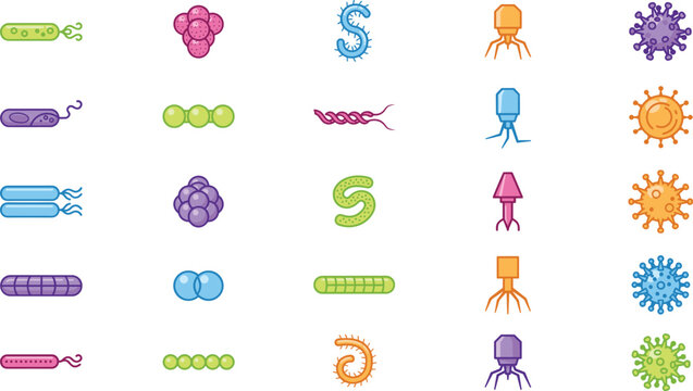 Bacteria and virus microbes flat vector icons set with cell organisms bacteriophage pathogens isolated on white background