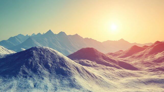 Majestic Mountain Range Bathed in Dramatic Dawn Sunlight Showcasing Rugged Geological Formations and a Serene Sunrise
