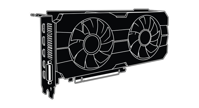 Graphics card with dual fans and ports outlined in black silhouette
