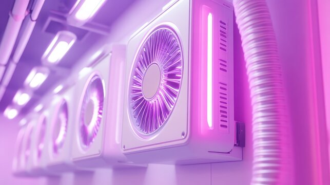 Modern cooling technology with high-tech components illuminated by vibrant purple light.