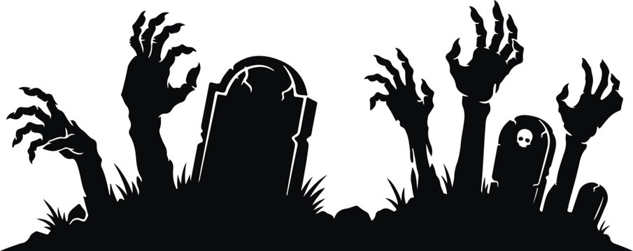Spooky halloween vector illustration zombie hands emerging from graves in a graveyard scene