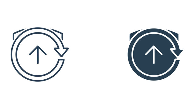 Circular refresh or update icon with an upward arrow representing system upgrades and data synchronization in a clean vector graphic design for technology and software interface
