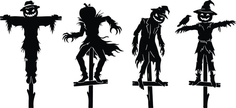 Halloween vector illustration of four scarecrows with pumpkin heads