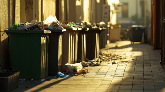Overfilled trash containers spilling waste onto a sunlit city street, highlighting urban sanitation issues