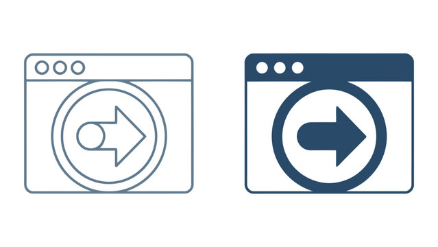 Web browser navigation and data redirection icons showing browser window interfaces with forward arrow symbols in sleek vector style for user experience design and digital platform navigation concepts