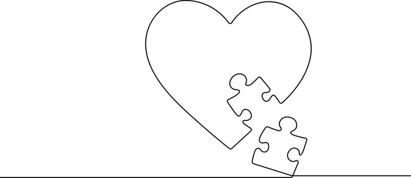 Continuous line drawing Heart puzzle piece, love concept, relationship symbol, vector icon
