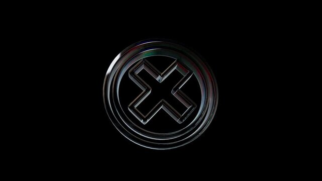 Glossy chrome x mark inside a metallic circle 3d icon
