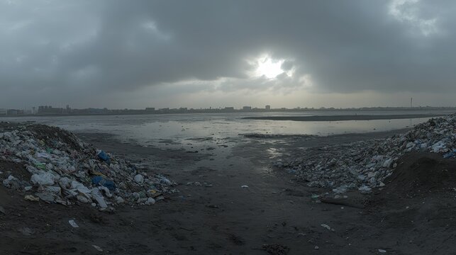 Polluted shore with accumulating garbage against a dramatic cloudy sky and distant cityscape