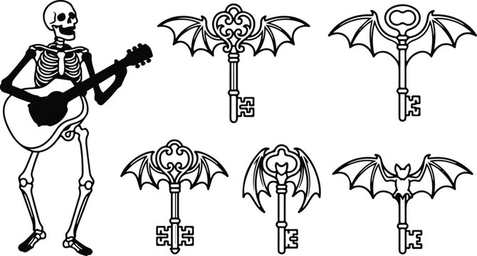 Halloween vector illustration skeleton playing guitar with decorative keys and bat wing motifs black and white
