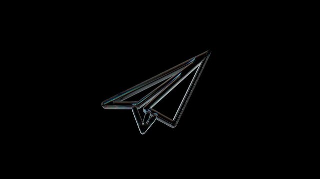 Shiny holographic paper plane icon on black background 3d icon