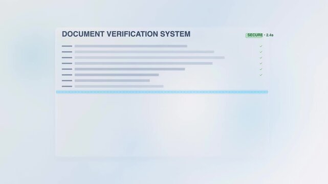 Animated document verification system with scan checklist items and secure badge concept for authentication, validation, compliance, and digital document management technology.